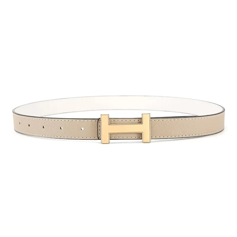 Women's leather belt in khaki/beige with gold-tone H buckle and punched holes