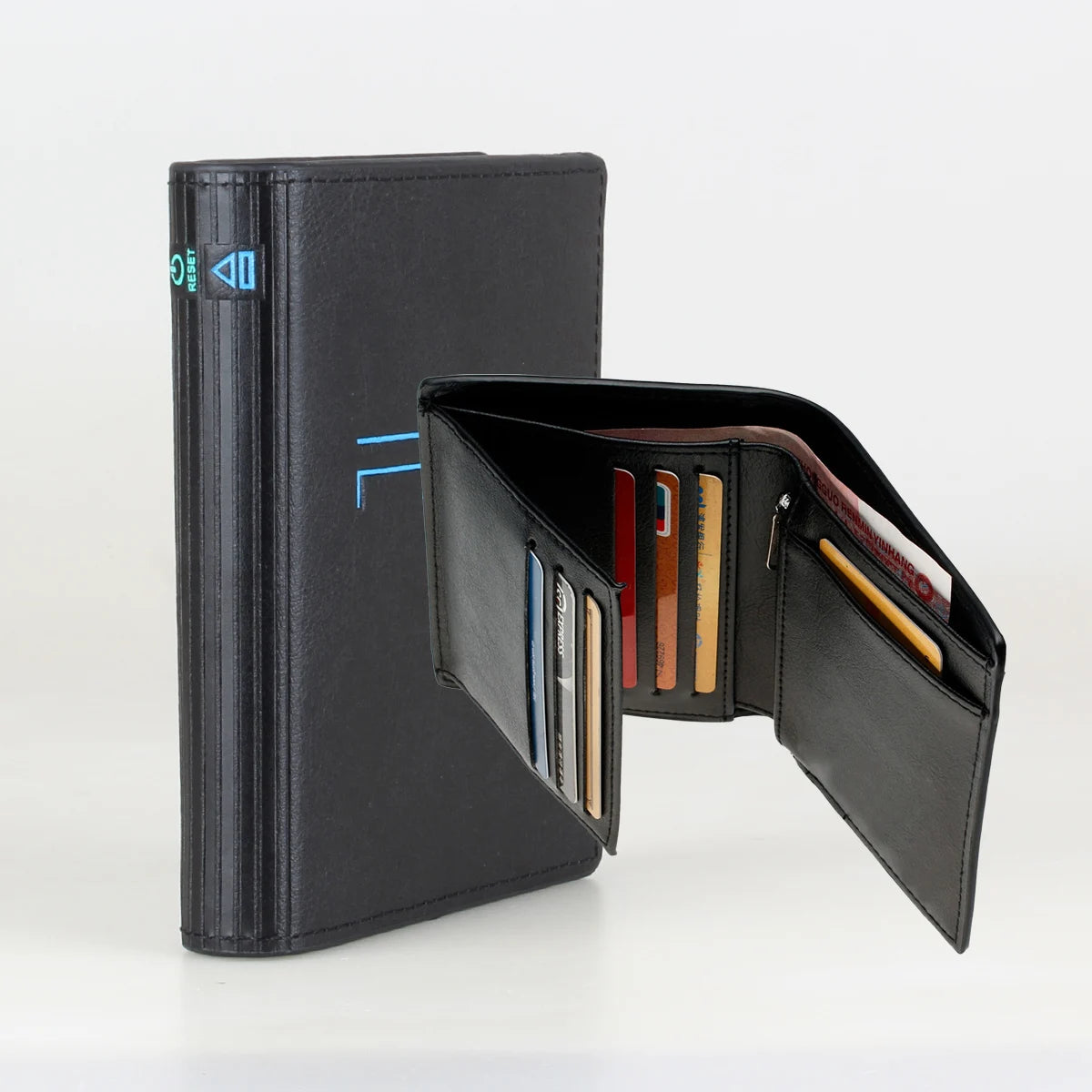 Slim credit card wallet in black with open card slots and blue logo accent