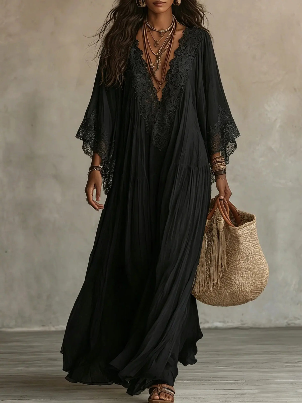 Summer Elegant Solid Dresses Womens Casual Lace Trim V Neck Flowy Maxi Dress Beach Holiday Party Maxi Dresses Robe Vestidos K's Collection Store