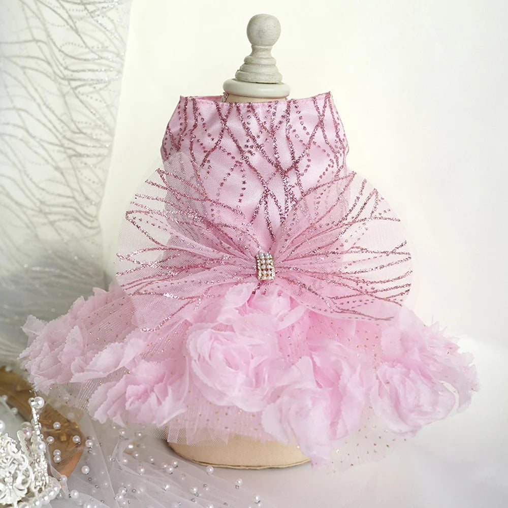 Luxury Designer Puppy Dress for Bride White Pink Girl Dog Wedding Outfit Formal Costume with Lace Rose Flower Small Dog Clothing K's Collection Store