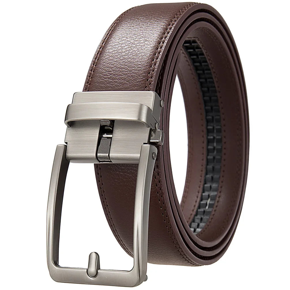 Brown genuine leather click belt with silver automatic buckle and dark stitched trim
