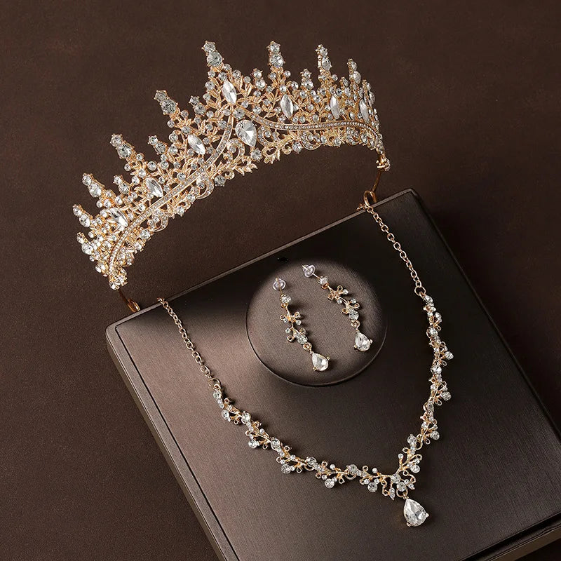 Bridal Wedding Jewelry 4-piece Set, Alloy Crystal Crown&Crystal Necklace&Earrings Women's Classic Wedding Tiaras K's Collection Store