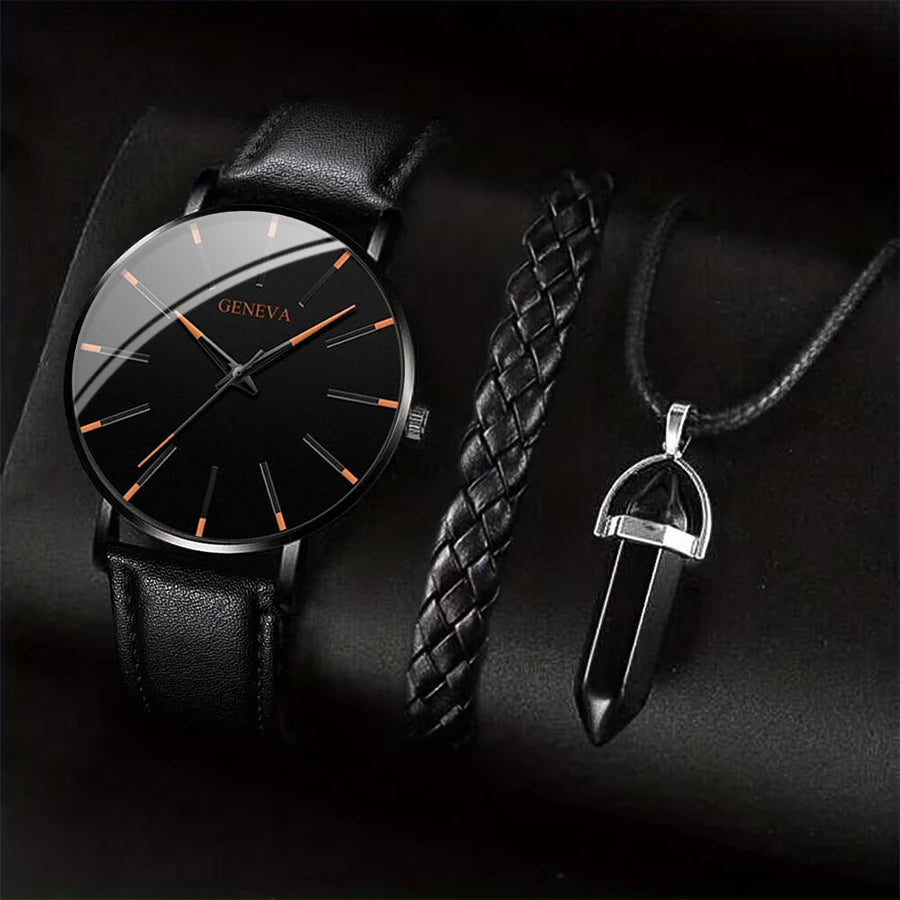 3PCS/Set Men Business Watches Casual Leather Band Analog Male's Quartz Watch Necklace Bracelet Set K's Collection Store