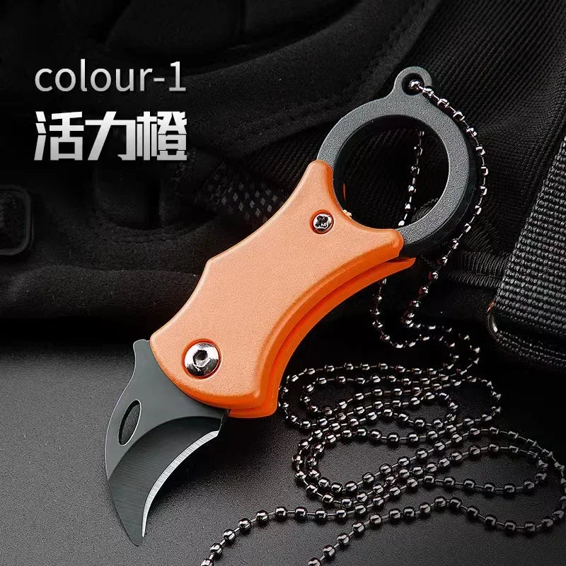 Mini folding pocket knife keychain, orange stainless steel blade with key ring