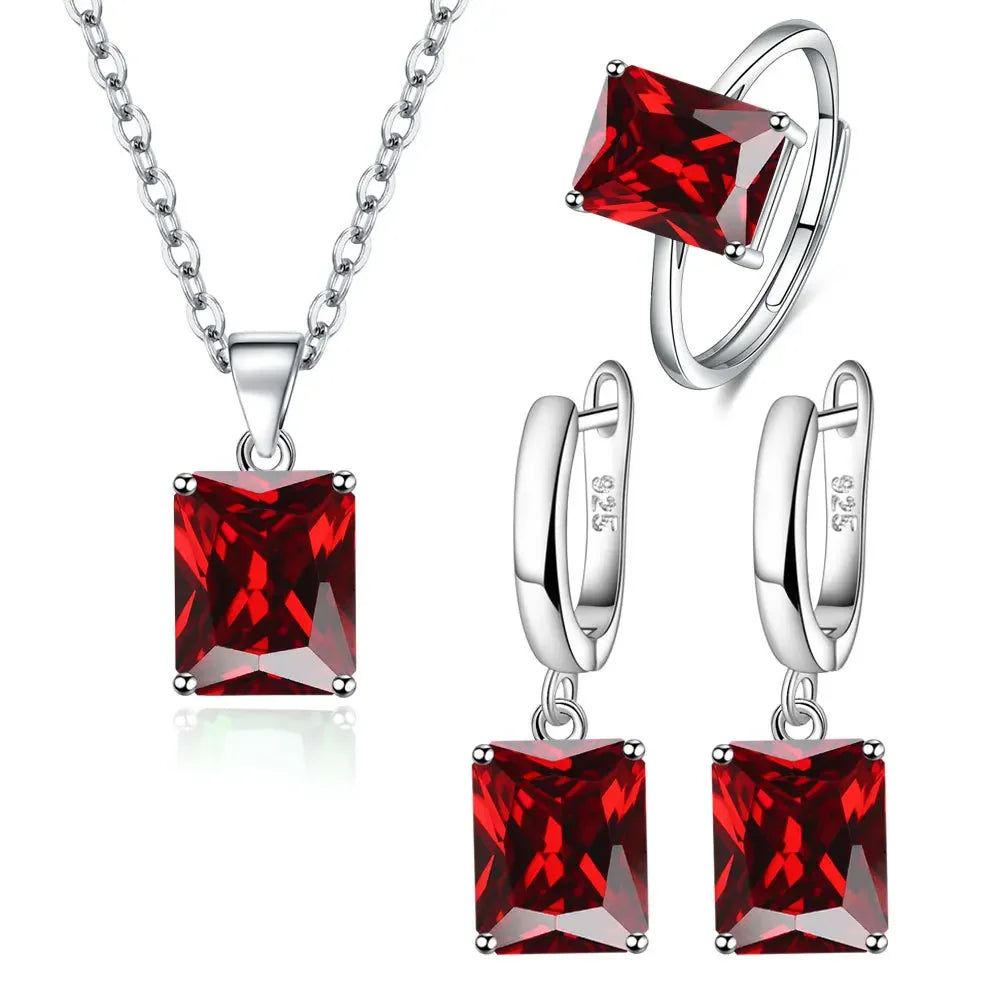 925 Sterling Silver Elegant Jewelry Sets Ring Earrings Necklace For Women Rectangle Geometry Zircon Wedding Accessories K's Collection Store