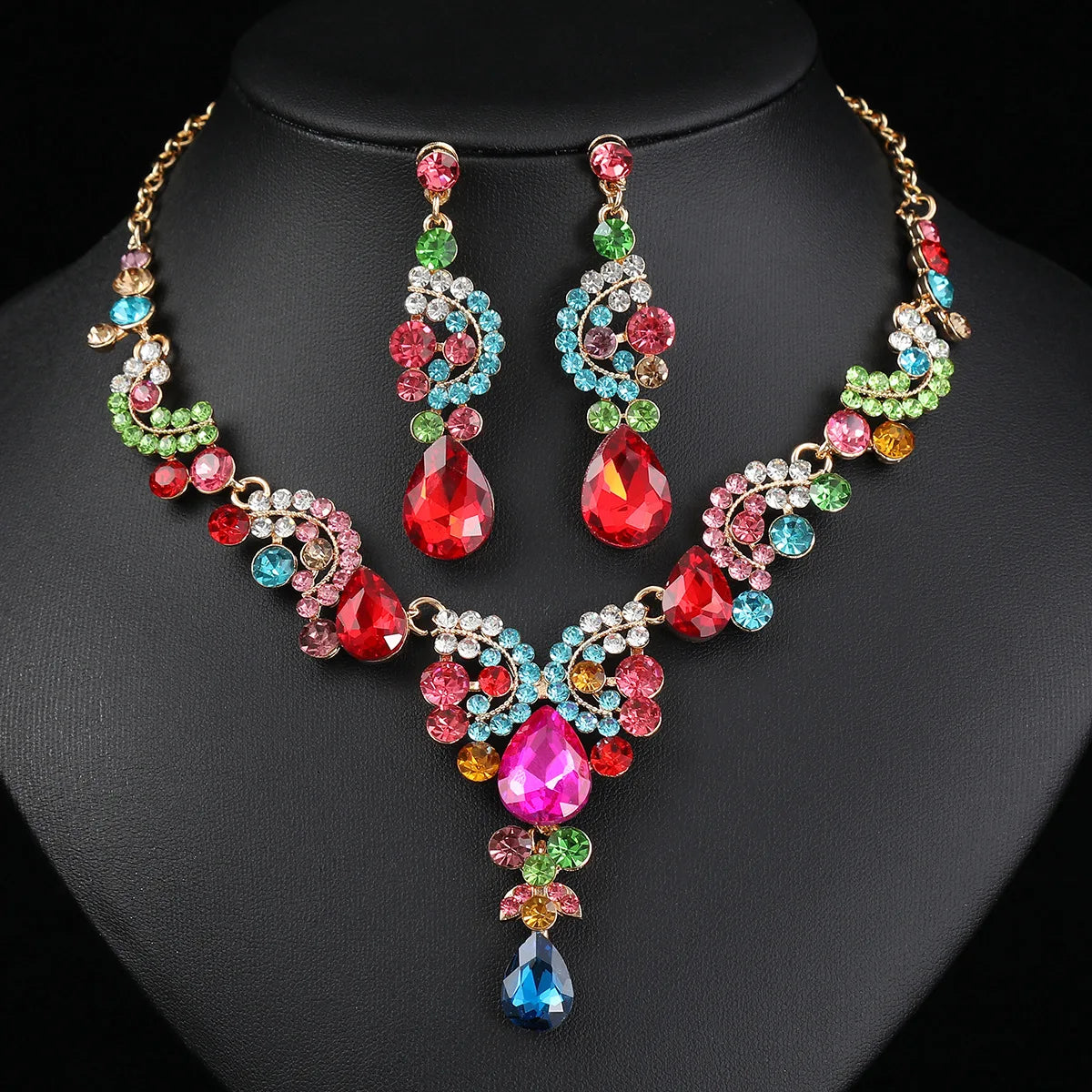 2pcs/set Jewelry Sets Women Blue Elegant Waterdrop Rhinestone Pendant Necklace stud Earrings Wedding Dress Bridal Jewelry Set K's Collection Store