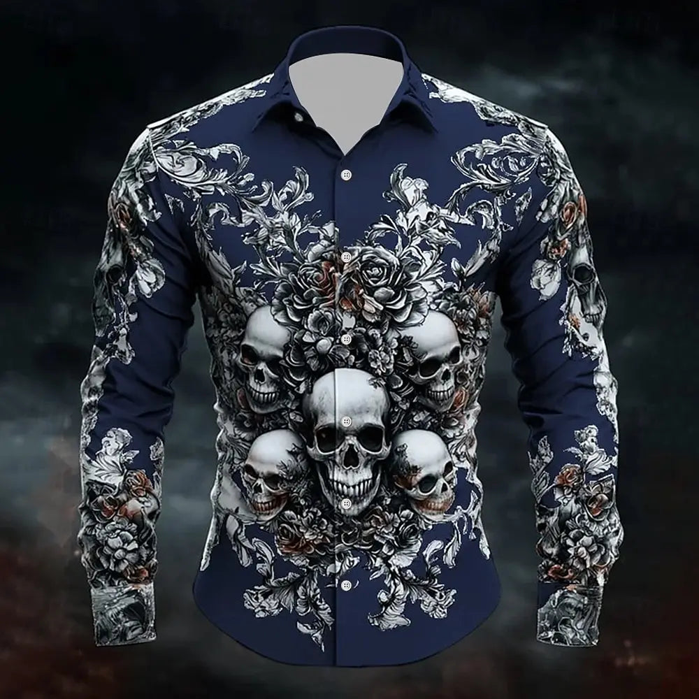 Men's Halloween Skull Button-Up Shirt | Dark Gothic Long Sleeve Top K's Collection Store