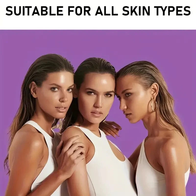 Three women posing together for skincare promotion, suitable for all skin types