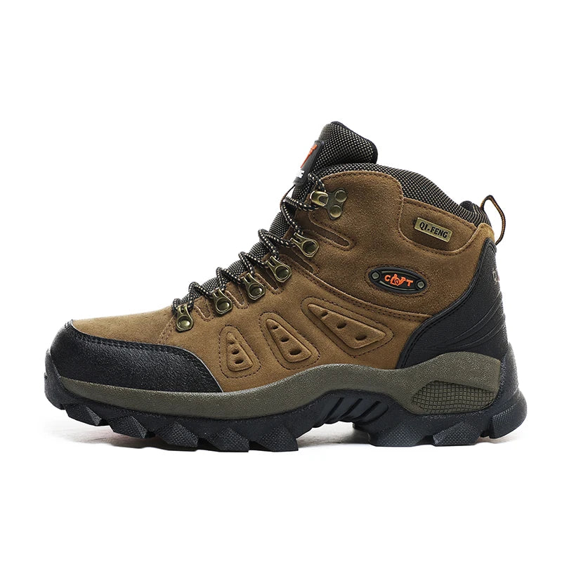 High-top adventure sneaker in tan and black, isolated side view with rugged tread