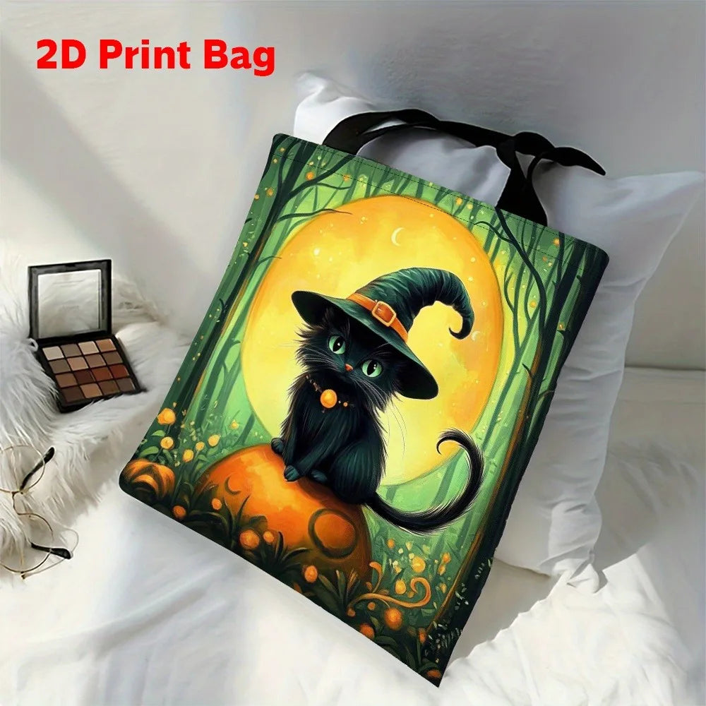 1pc Halloween Witch Cat Tote Bag Reusable Grocery Handbag with Witch Hat Polyester Shopping Holiday Festivities Shoulder Bag K's Collection Store