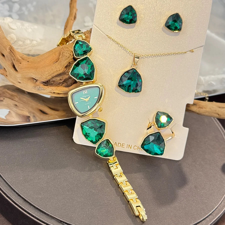 Luxury Ladies Quartz Watch Colorful Diamond Irregular Shape Necklace Ring Earrings Jewelry Set Four-Piece Gift Set Trendsetter K's Collection Store