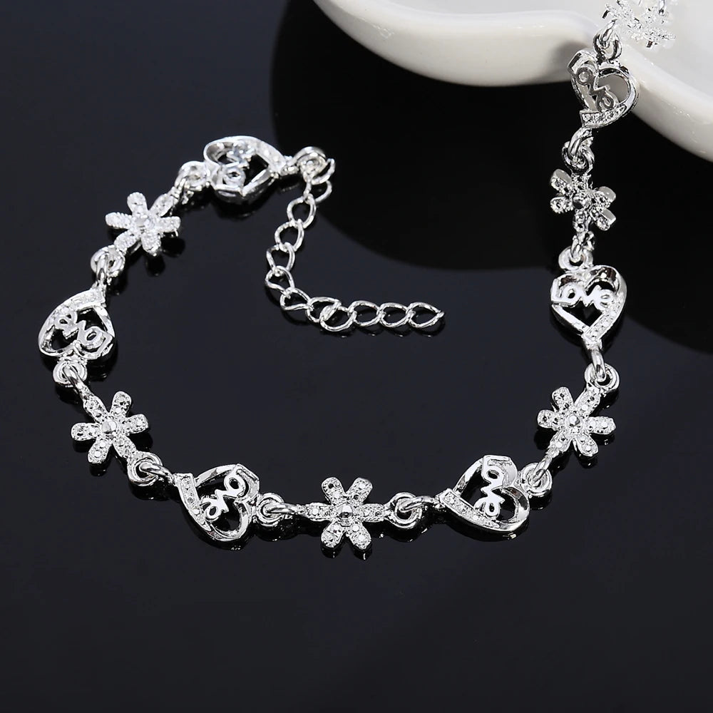 Hot Charm Women luxury Jewelry 925 Sterling Silver Flowers LOVE heart Chain Bracelets Fashion Wedding Party Christmas Gifts K's Collection Store