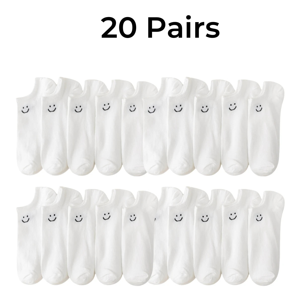White no-show ankle socks, 20 pairs, smiley face prints.