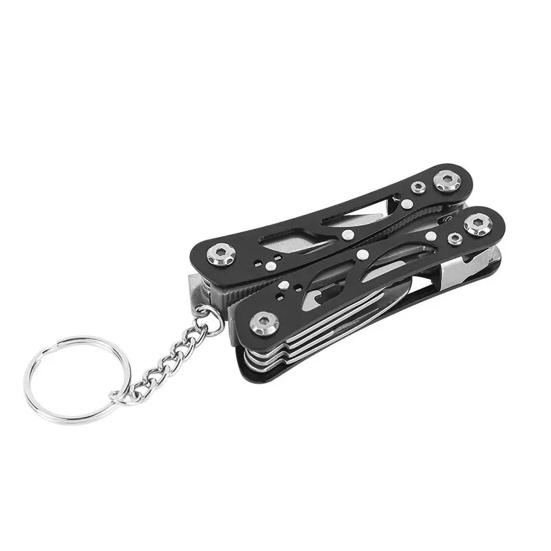 Dark multi-tool folding pocket knife with pliers, folded and keychain ring