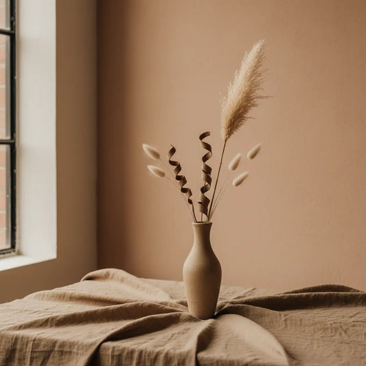 Minimalist studio scene with ceramic vase and dried flowers on linen surface.