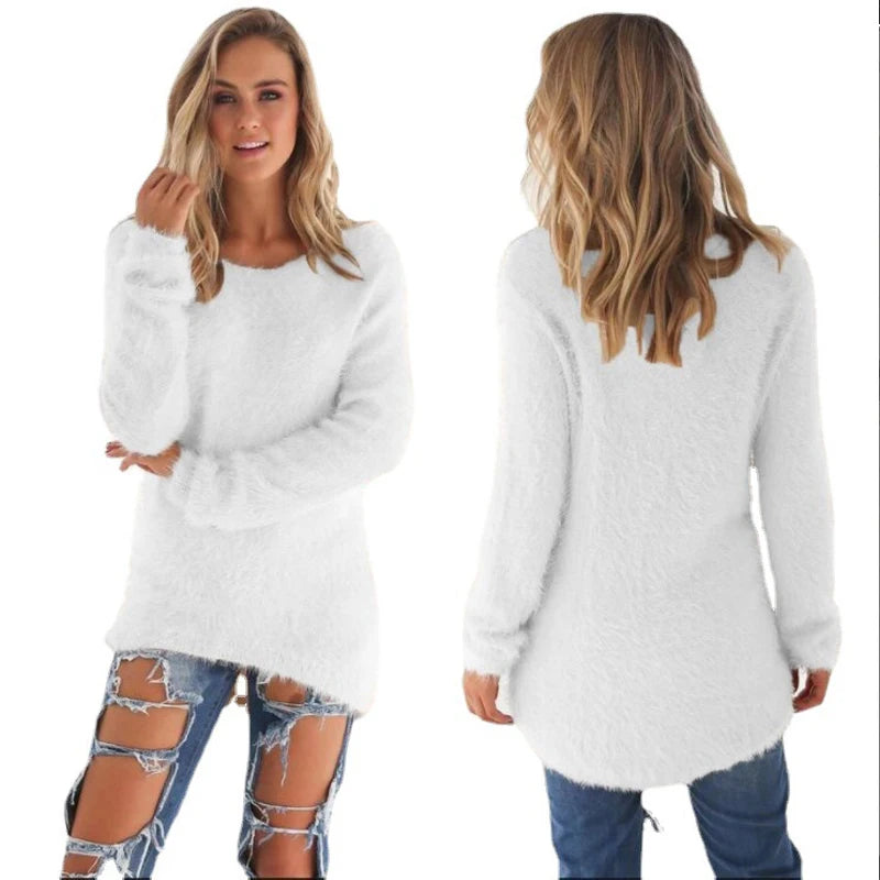 2024 Women Warm Sweaters Solid Color O Neck Loose Knitted Pullover Long Sweater Casual Blouse Lady Hipster Comfortable Clothing K's Collection Store