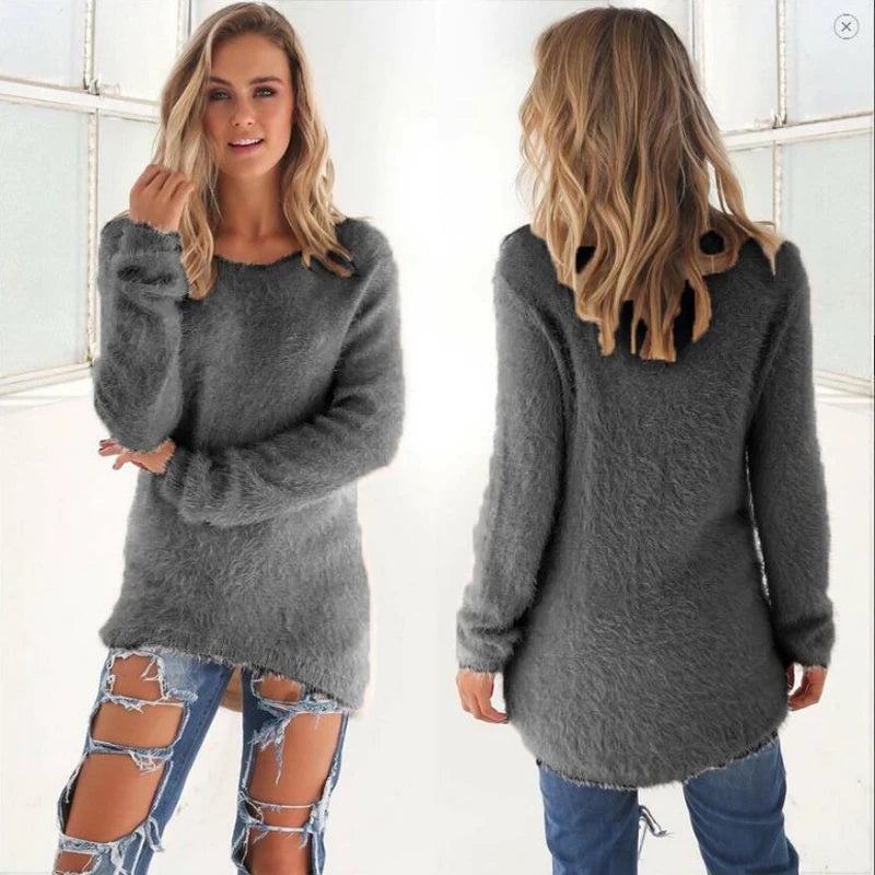 2024 Women Warm Sweaters Solid Color O Neck Loose Knitted Pullover Long Sweater Casual Blouse Lady Hipster Comfortable Clothing K's Collection Store