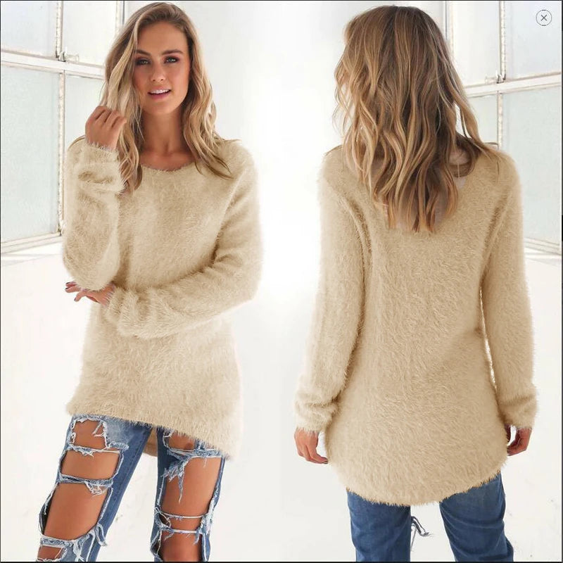2024 Women Warm Sweaters Solid Color O Neck Loose Knitted Pullover Long Sweater Casual Blouse Lady Hipster Comfortable Clothing K's Collection Store
