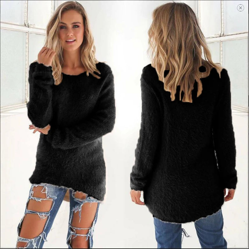 2024 Women Warm Sweaters Solid Color O Neck Loose Knitted Pullover Long Sweater Casual Blouse Lady Hipster Comfortable Clothing K's Collection Store
