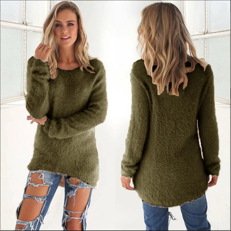 2024 Women Warm Sweaters Solid Color O Neck Loose Knitted Pullover Long Sweater Casual Blouse Lady Hipster Comfortable Clothing K's Collection Store