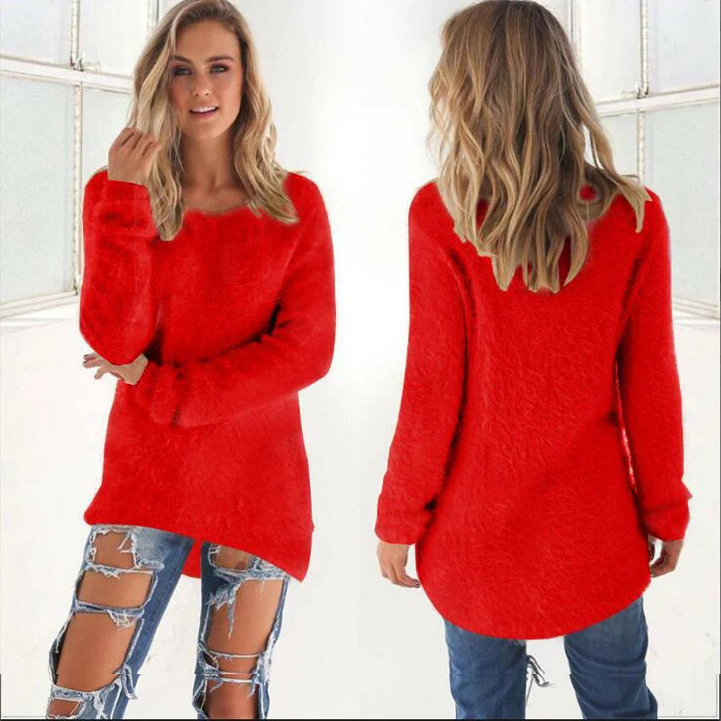 2024 Women Warm Sweaters Solid Color O Neck Loose Knitted Pullover Long Sweater Casual Blouse Lady Hipster Comfortable Clothing K's Collection Store
