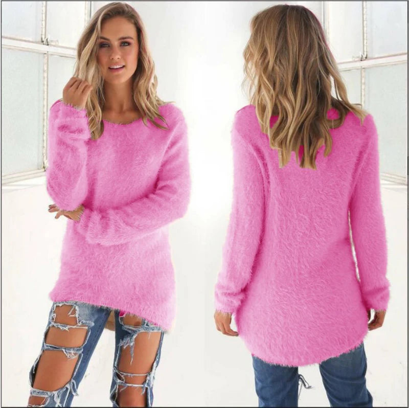 2024 Women Warm Sweaters Solid Color O Neck Loose Knitted Pullover Long Sweater Casual Blouse Lady Hipster Comfortable Clothing K's Collection Store