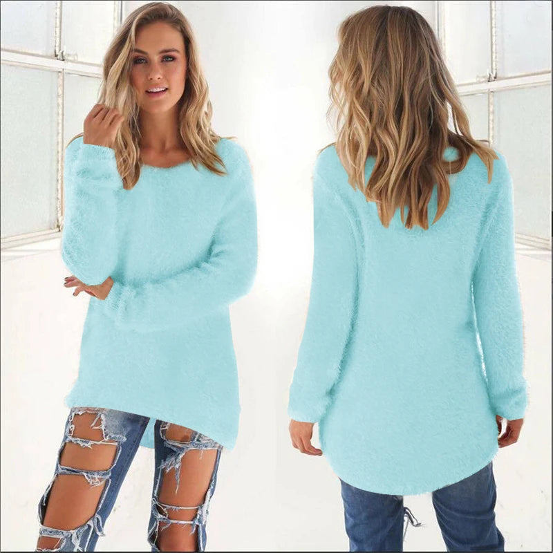 2024 Women Warm Sweaters Solid Color O Neck Loose Knitted Pullover Long Sweater Casual Blouse Lady Hipster Comfortable Clothing K's Collection Store