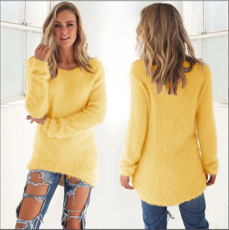 2024 Women Warm Sweaters Solid Color O Neck Loose Knitted Pullover Long Sweater Casual Blouse Lady Hipster Comfortable Clothing K's Collection Store