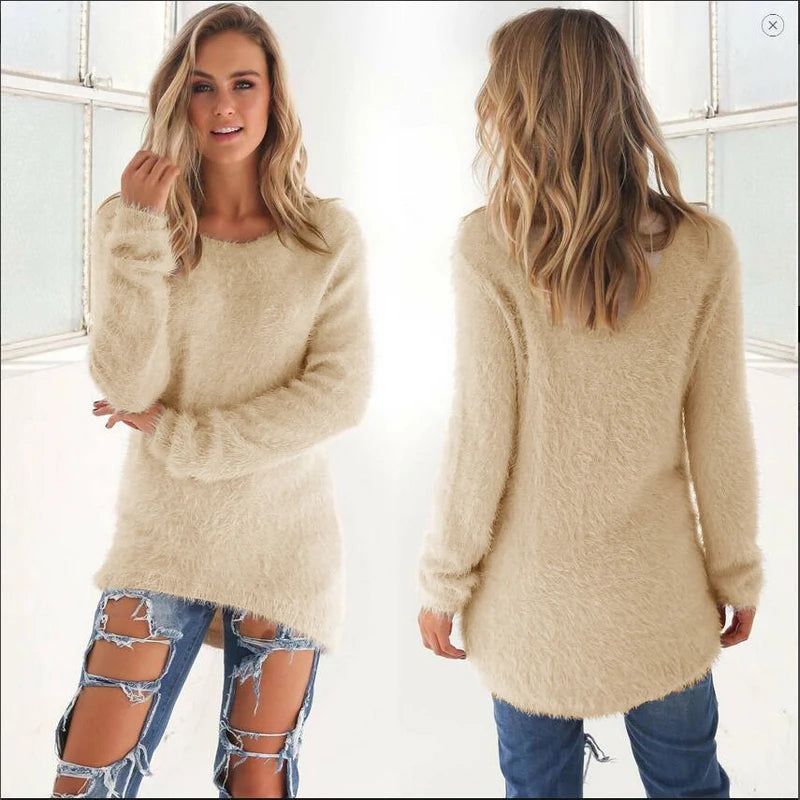 2024 Women Warm Sweaters Solid Color O Neck Loose Knitted Pullover Long Sweater Casual Blouse Lady Hipster Comfortable Clothing K's Collection Store