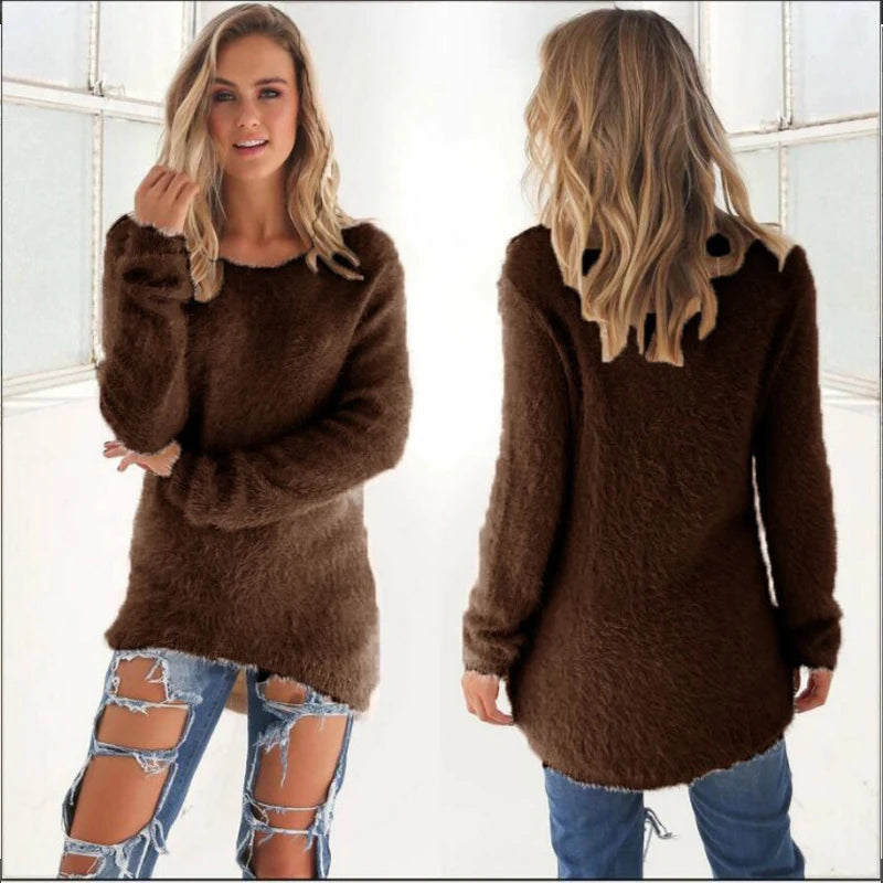 2024 Women Warm Sweaters Solid Color O Neck Loose Knitted Pullover Long Sweater Casual Blouse Lady Hipster Comfortable Clothing K's Collection Store