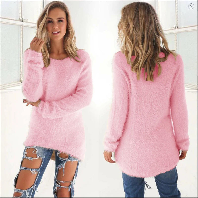 2024 Women Warm Sweaters Solid Color O Neck Loose Knitted Pullover Long Sweater Casual Blouse Lady Hipster Comfortable Clothing K's Collection Store