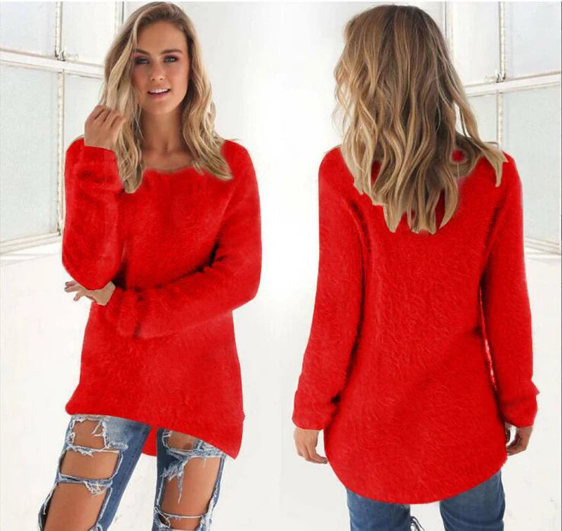 2024 Women Warm Sweaters Solid Color O Neck Loose Knitted Pullover Long Sweater Casual Blouse Lady Hipster Comfortable Clothing K's Collection Store