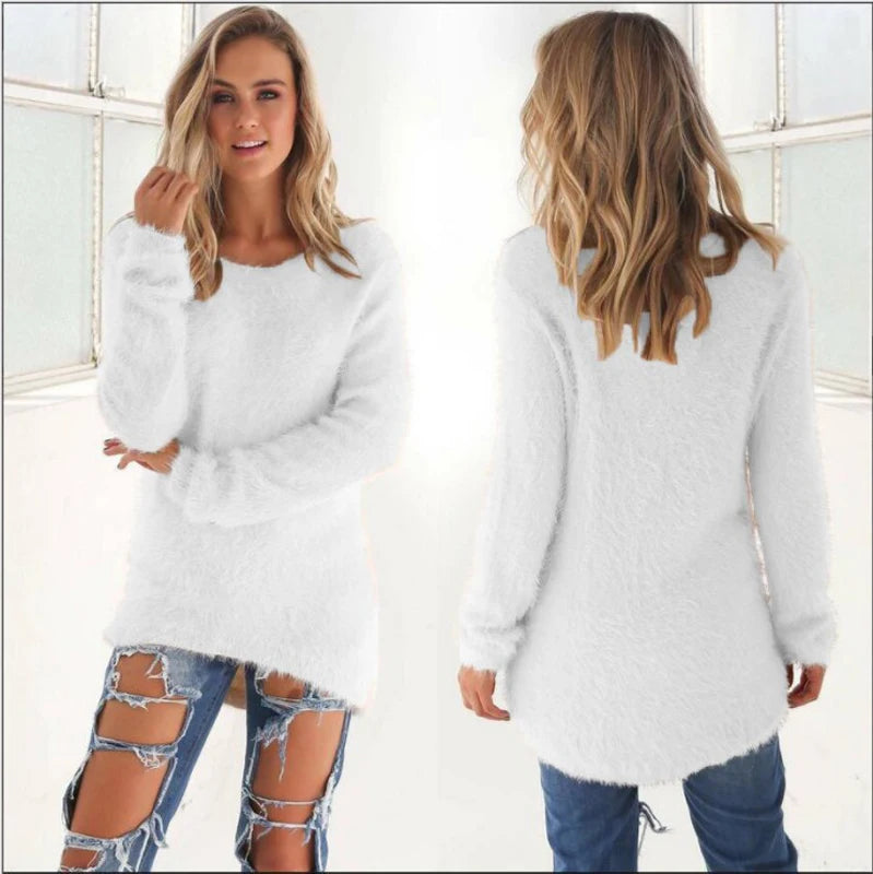 2024 Women Warm Sweaters Solid Color O Neck Loose Knitted Pullover Long Sweater Casual Blouse Lady Hipster Comfortable Clothing K's Collection Store