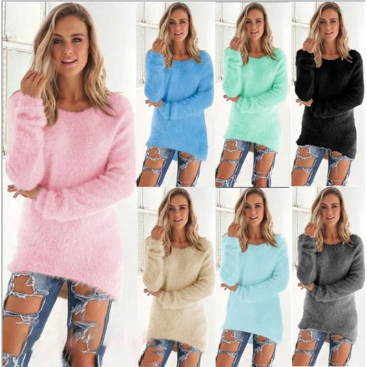 2024 Women Warm Sweaters Solid Color O Neck Loose Knitted Pullover Long Sweater Casual Blouse Lady Hipster Comfortable Clothing K's Collection Store