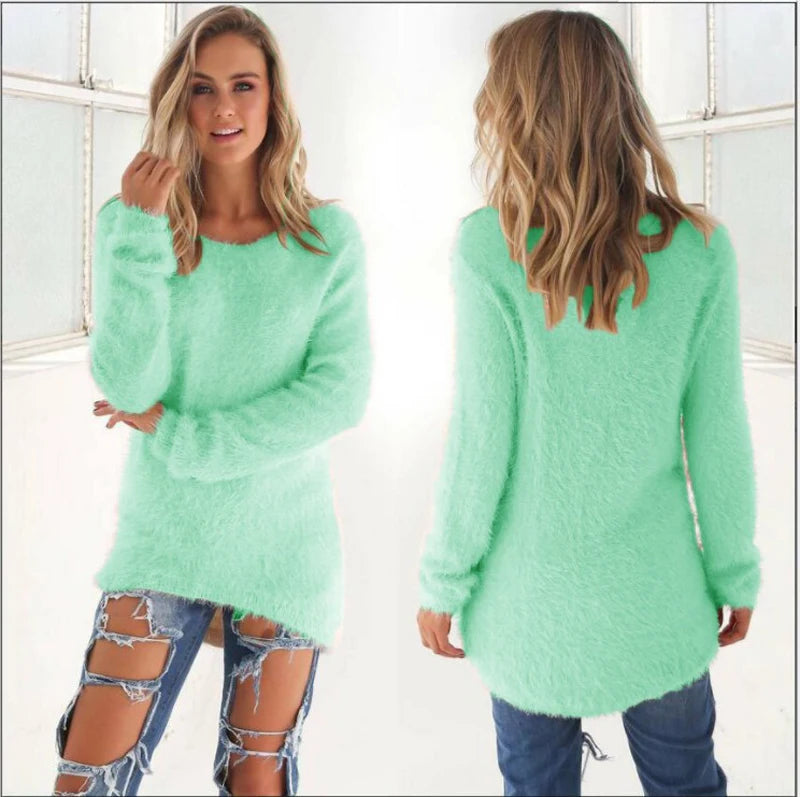 2024 Women Warm Sweaters Solid Color O Neck Loose Knitted Pullover Long Sweater Casual Blouse Lady Hipster Comfortable Clothing K's Collection Store