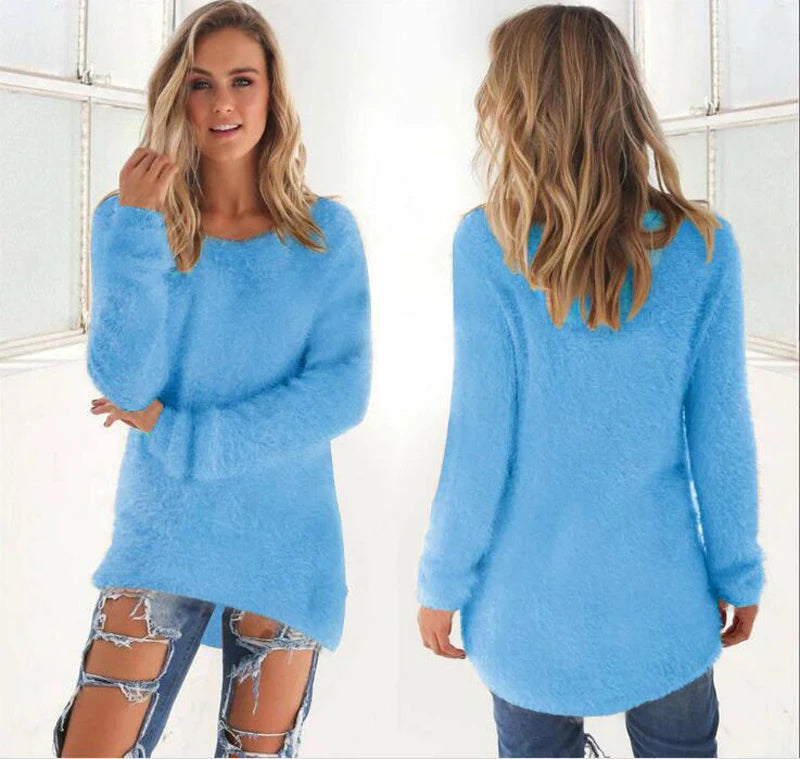 2024 Women Warm Sweaters Solid Color O Neck Loose Knitted Pullover Long Sweater Casual Blouse Lady Hipster Comfortable Clothing K's Collection Store
