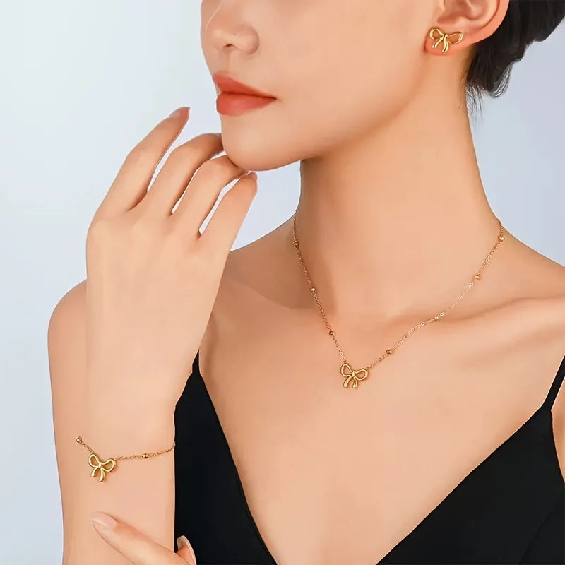 4-piece luxury, lightweight, and fresh bow necklace, bracelet, and earring set, women's high-end banquet jewelry set K's Collection Store