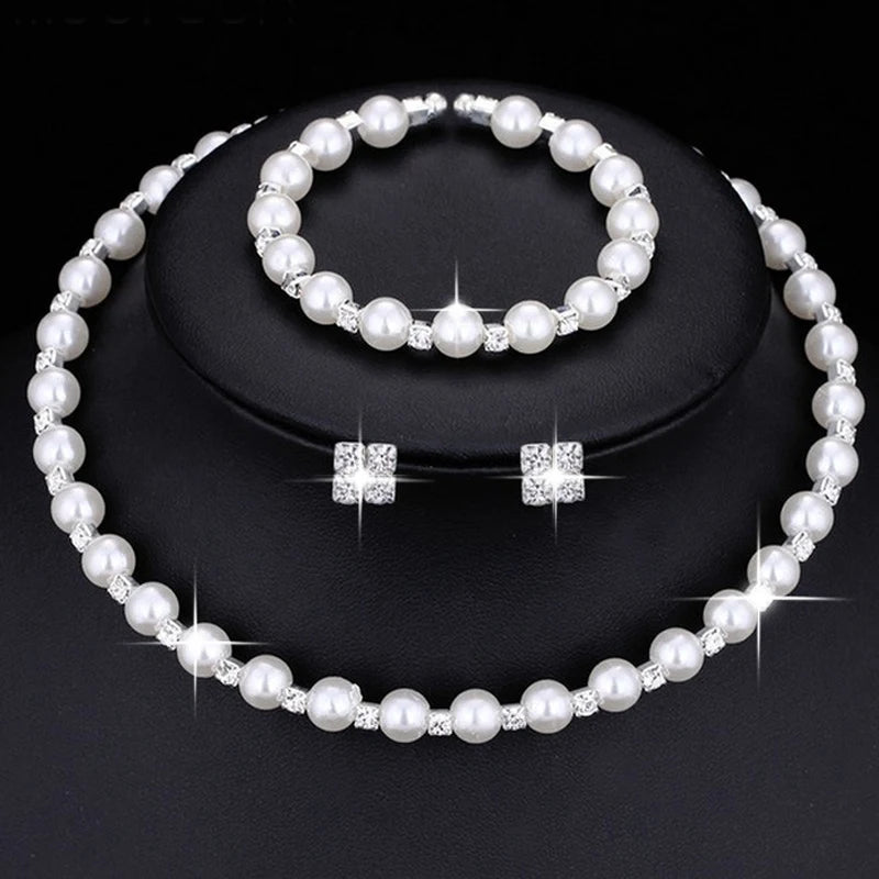 Wedding Bridal Jewelry Set String of Pearls Prom Silver Color Crystal Bracelet Necklace Earrings for Women jewellery sets K's Collection Store