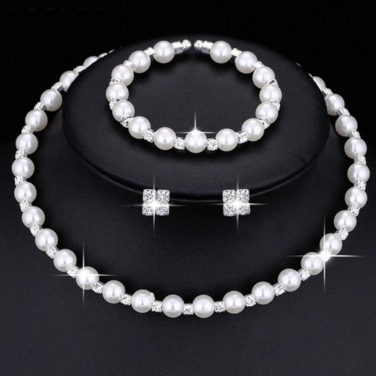 Wedding Bridal Jewelry Set String of Pearls Prom Silver Color Crystal Bracelet Necklace Earrings for Women jewellery sets K's Collection Store