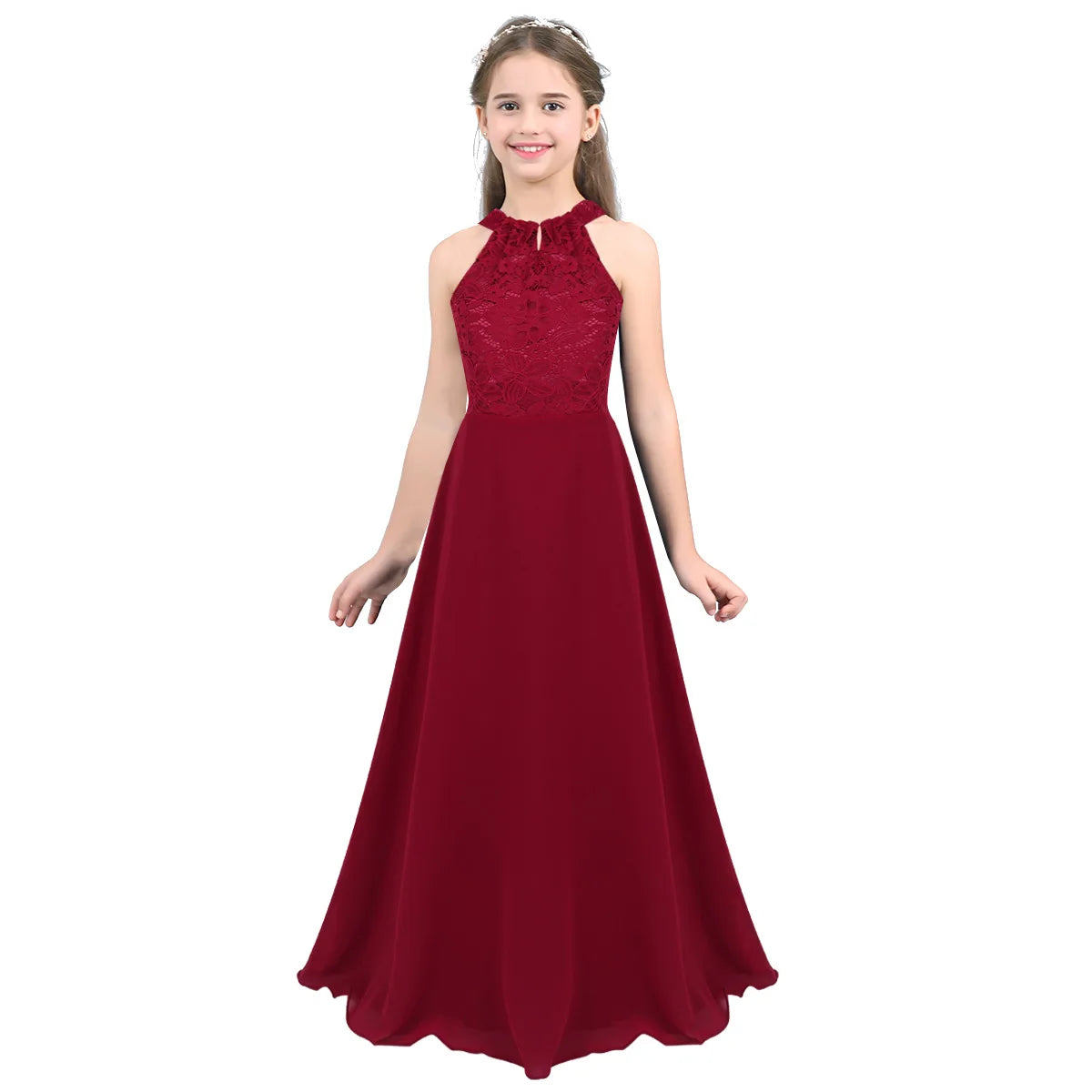 Kids Chiffon Floral Lace Cutout Back Flower Girl Dress Childs Girls Children Wedding Birthday Party Clothes K's Collection Store