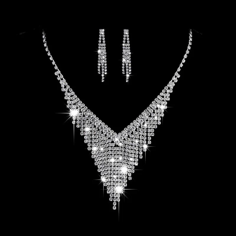 Fashion Crystal Bride Jewelry Set Rhinestone Silver-plated Wedding Dress Banquet Necklace Earring Set Ladies Gift K's Collection Store