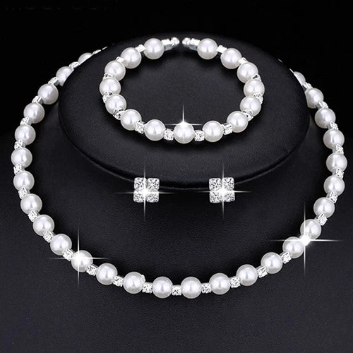 Wedding Bridal Jewelry Set String of Pearls Prom Silver Color Crystal Bracelet Necklace Earrings for Women jewellery sets K's Collection Store
