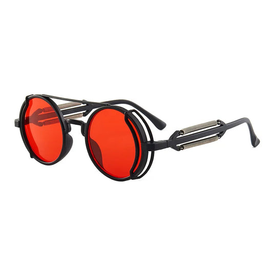 Round steampunk sunglasses with black frame and red mirrored lenses