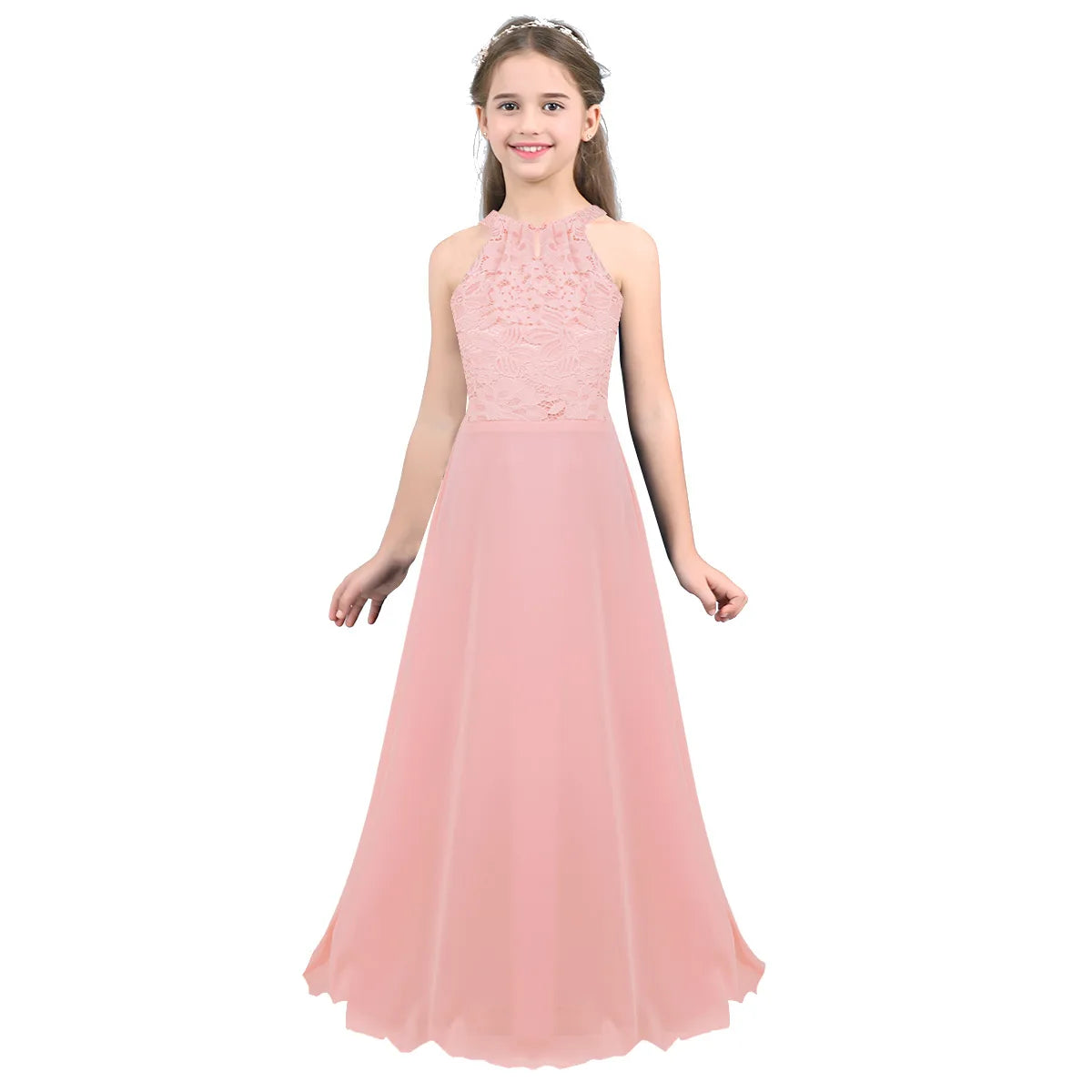 Kids Chiffon Floral Lace Cutout Back Flower Girl Dress Childs Girls Children Wedding Birthday Party Clothes K's Collection Store