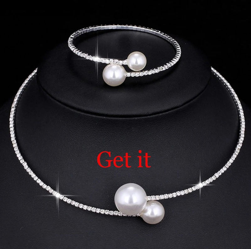 Wedding Bridal Jewelry Set String of Pearls Prom Silver Color Crystal Bracelet Necklace Earrings for Women jewellery sets K's Collection Store