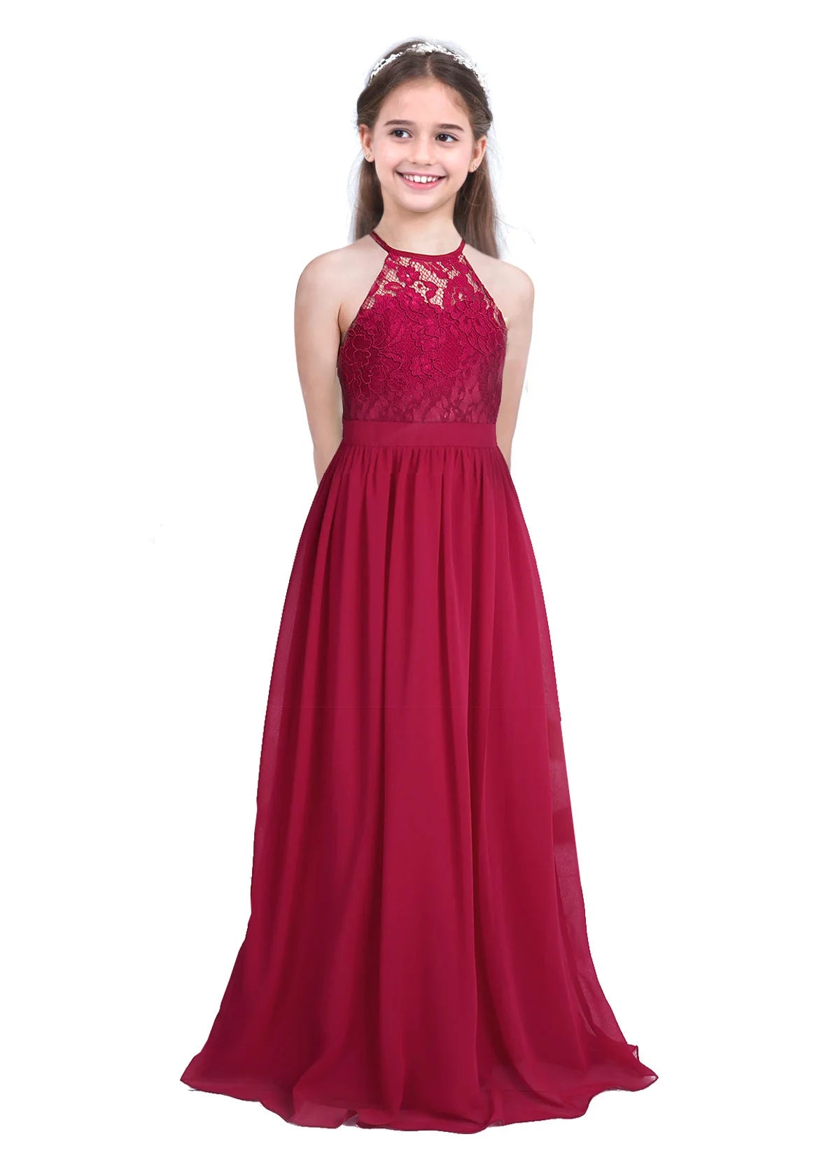 Kids Chiffon Floral Lace Cutout Back Flower Girl Dress Childs Girls Children Wedding Birthday Party Clothes K's Collection Store