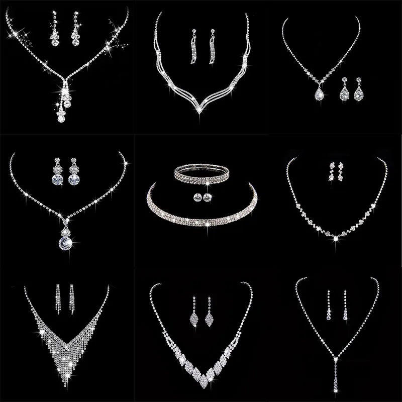 Fashion Crystal Bride Jewelry Set Rhinestone Silver-plated Wedding Dress Banquet Necklace Earring Set Ladies Gift K's Collection Store
