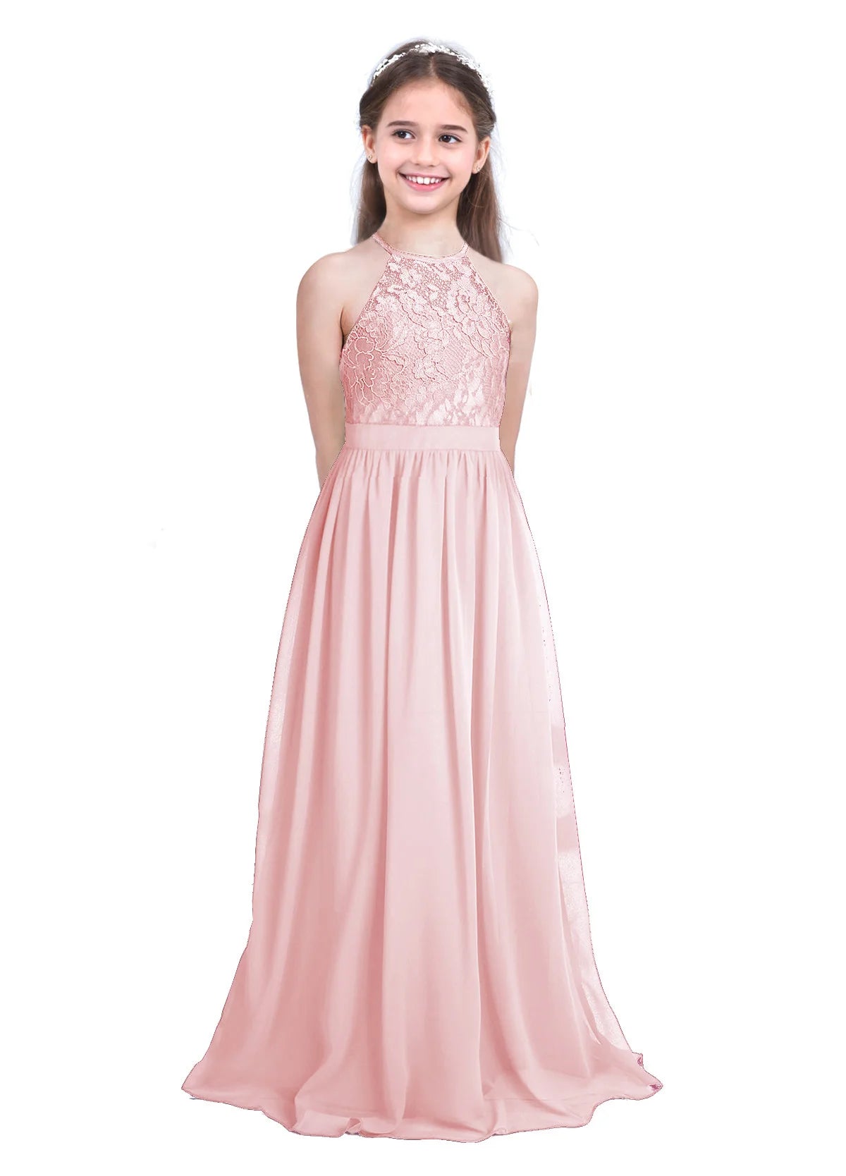Kids Chiffon Floral Lace Cutout Back Flower Girl Dress Childs Girls Children Wedding Birthday Party Clothes K's Collection Store