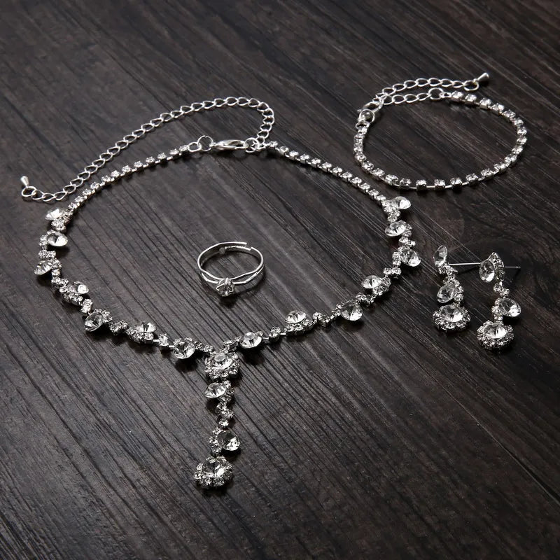 Women's Silver Color Fashion Wedding Jewelry Luxury Crystal Pearl Necklace/Bracelet/Ring/Earrings Ladies Jewelry Sets for Bridal K's Collection Store