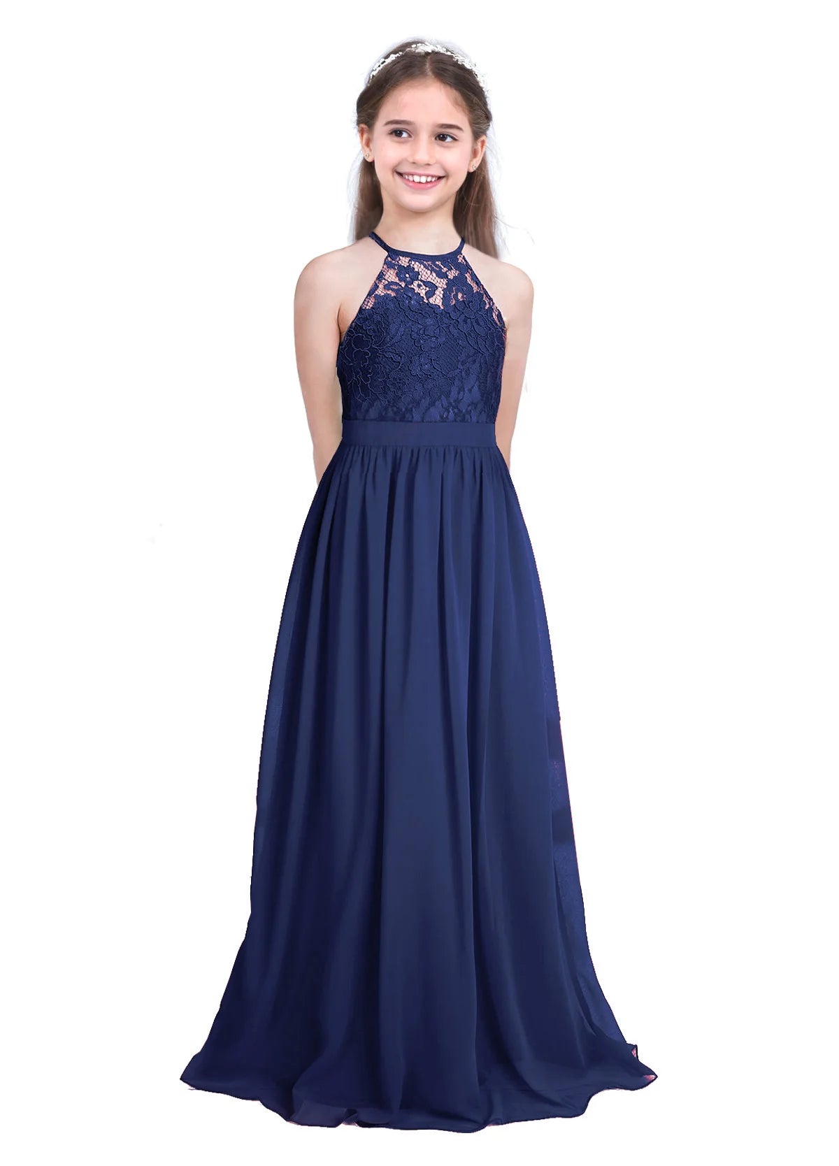 Kids Chiffon Floral Lace Cutout Back Flower Girl Dress Childs Girls Children Wedding Birthday Party Clothes K's Collection Store